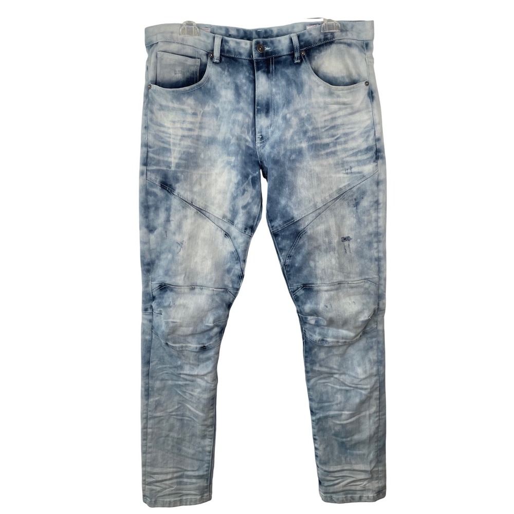 Smoke Rise‎ Denim Mens Moto Jeans 38x34 Blue Cloud Wash Articulated Knee Stretch